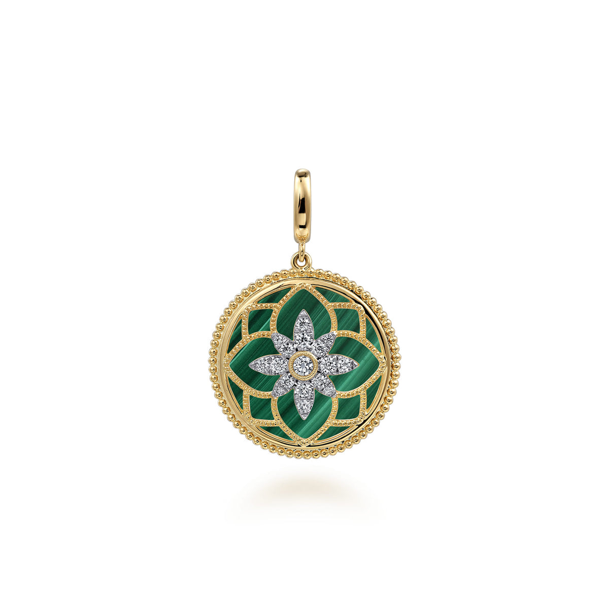 14K Yellow Gold Bujukan Diamond and Malachite Medallion Pendant in size 24mm with Detachable Bail — Gabriel & Co. PT6614Y45MA