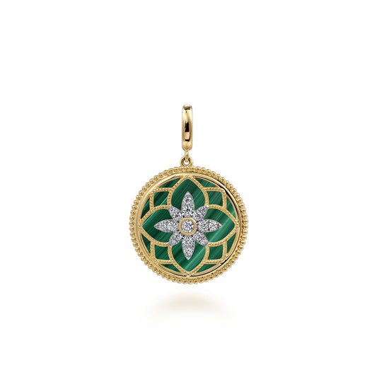 14K Yellow Gold Bujukan Diamond and Malachite Medallion Pendant in size 24mm with Detachable Bail — Gabriel & Co. PT6614Y45MA