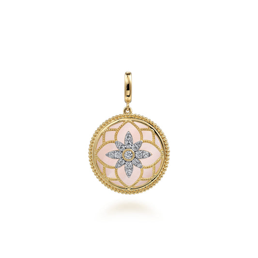 14K Yellow Gold Bujukan Diamond and Pink Mother of Pearl Medallion Pendant in size 24mm with Detachable Bail — Gabriel & Co. PT6614Y45PM