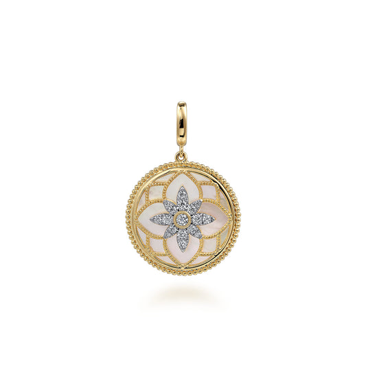 14K Yellow Gold Bujukan Diamond and Mother of Pearl Medallion Pendant in size 24mm with Detachable Bail — Gabriel & Co. PT6614Y45WM