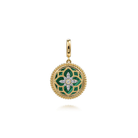 14K Yellow Gold Bujukan Diamond and Malachite Medallion Pendant in size 18mm with Detachable Bail — Gabriel & Co. PT6615Y45MA