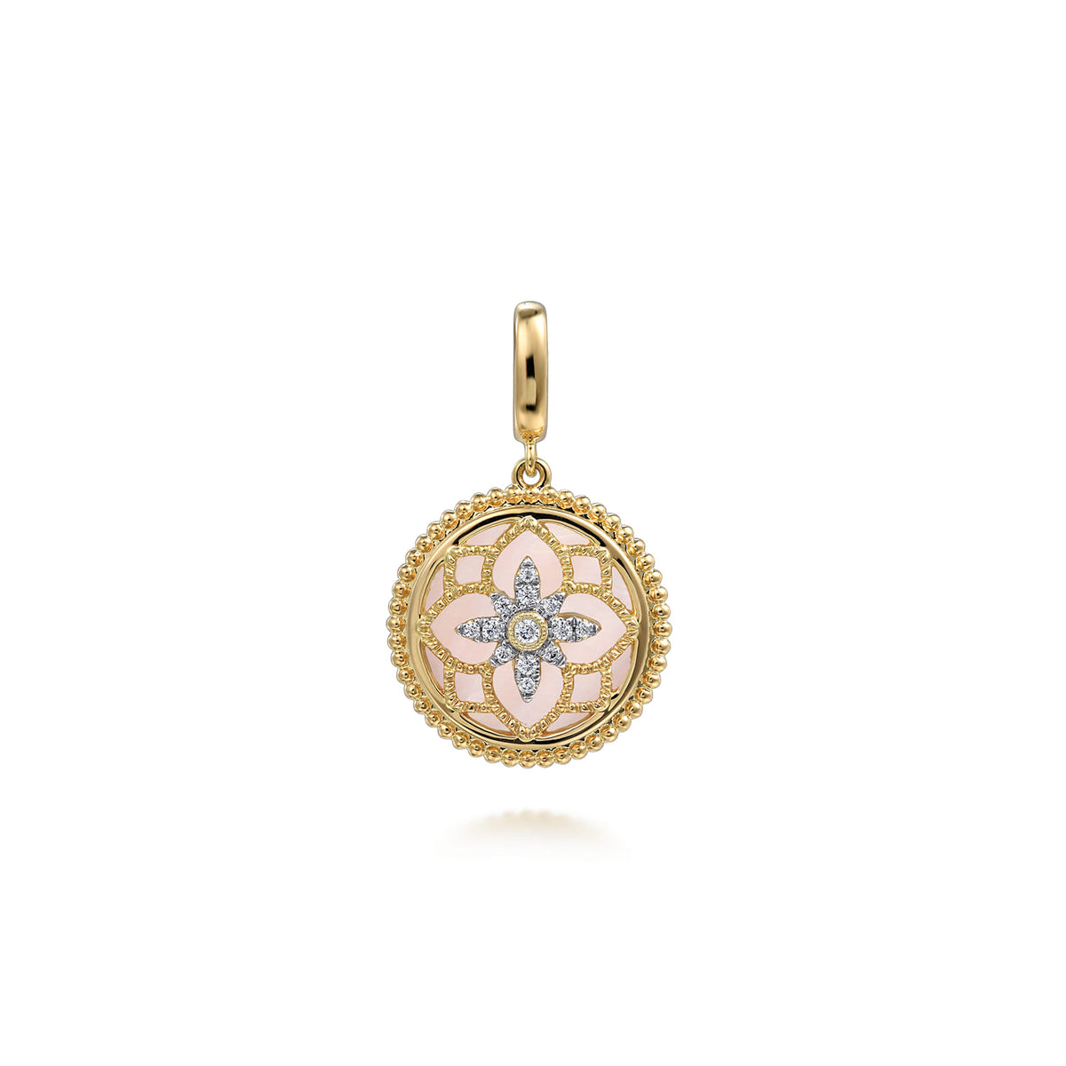 14K Yellow Gold Bujukan Diamond and Pink Mother of Pearl Medallion Pendant in size 18mm with Detachable Bail — Gabriel & Co. PT6615Y45PM