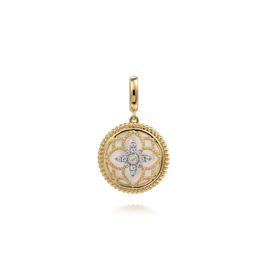 14K Yellow Gold Bujukan Diamond and Mother of Pearl Medallion Pendant in size 18mm with Detachable Bail — Gabriel & Co. PT6615Y45WM