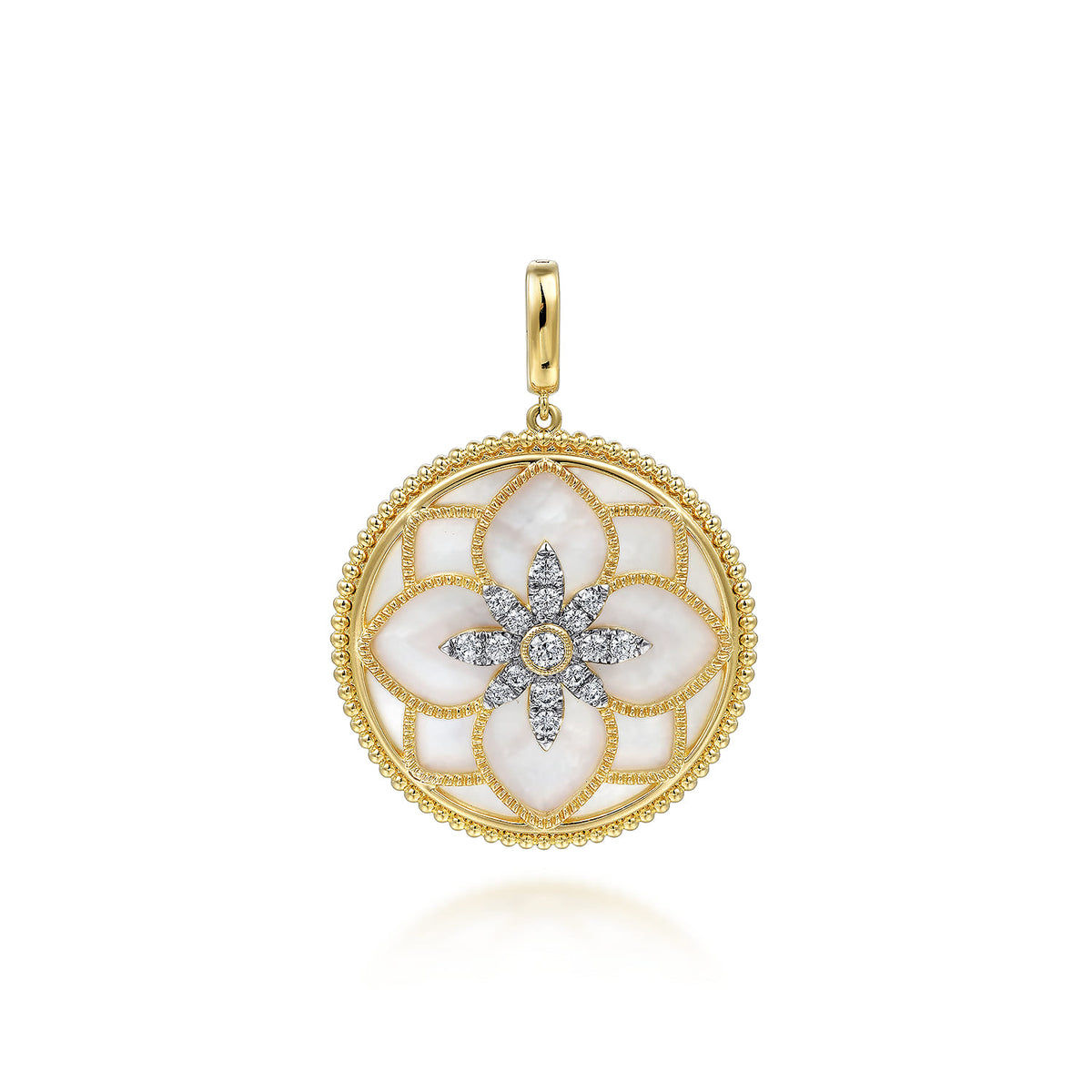 14K Yellow Gold 32mm Bujukan Diamond and Mother of Pearl Medallion Pendant with Detachable Bail — Gabriel & Co. PT6625Y45WM