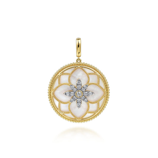 14K Yellow Gold 32mm Bujukan Diamond and Mother of Pearl Medallion Pendant with Detachable Bail — Gabriel & Co. PT6625Y45WM