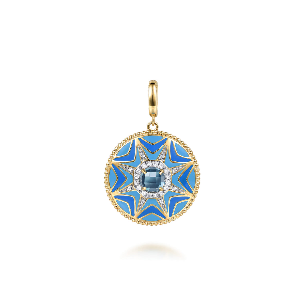 14K Yellow Gold Bujukan Diamond and Blue Topaz Medallion with Blue and Dust Blue and White Enamel — Gabriel & Co. PT7657EMY45BT