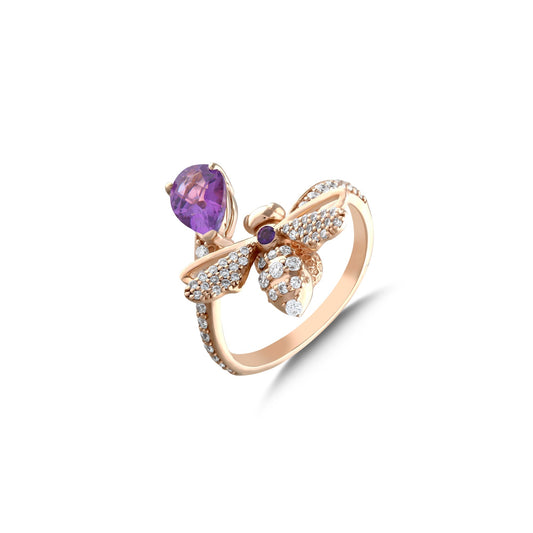 Bee Goddess Queen Bee Mellona Gold Diamond Amethyst Ring