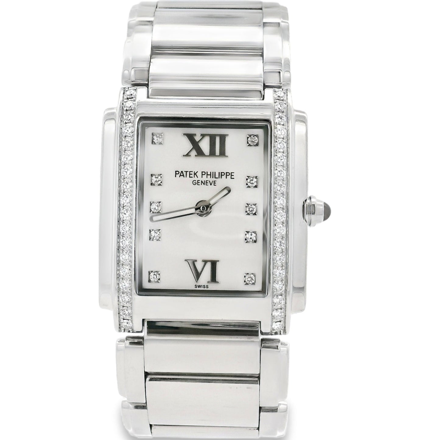 Patek Philippe watch with diamond-studded face on a white background