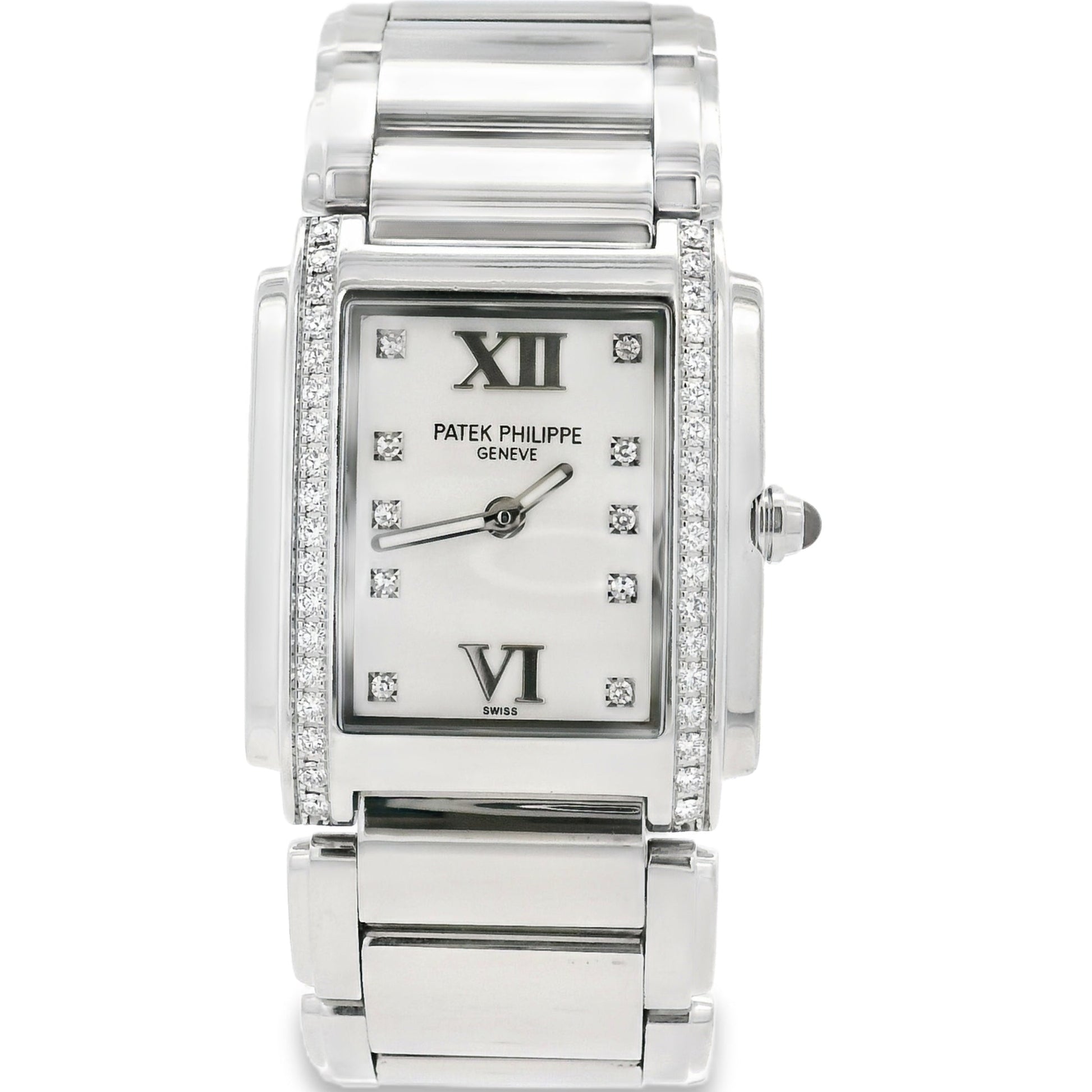Patek Philippe watch with diamond-studded face on a white background