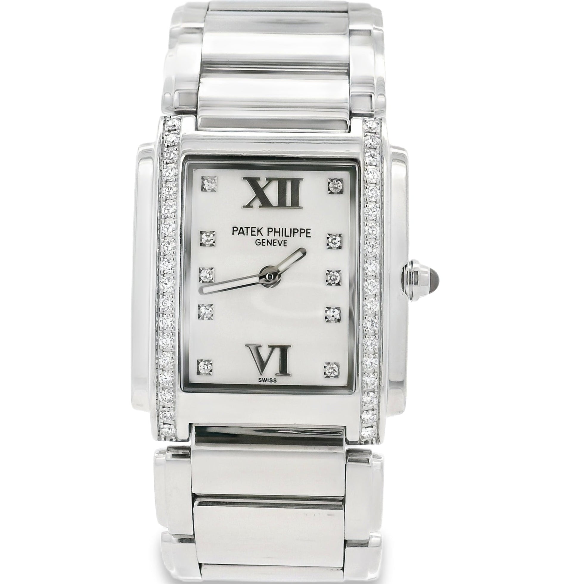 Patek Philippe watch with diamond-studded face on a white background