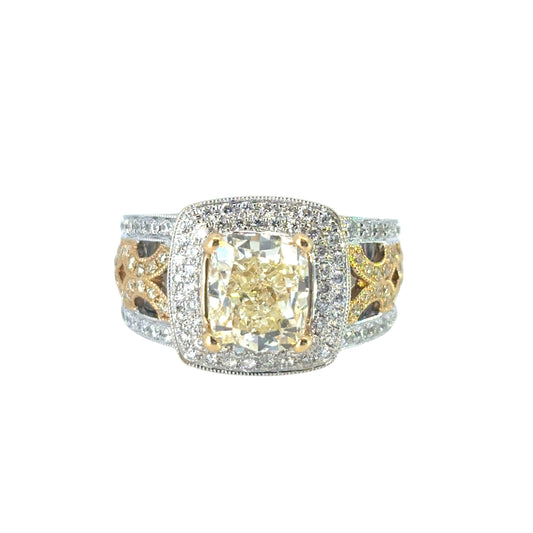 18k White and Yellow Gold 3.02ct Fancy Light Yellow Cushion Cut Diamond Fashion Ring