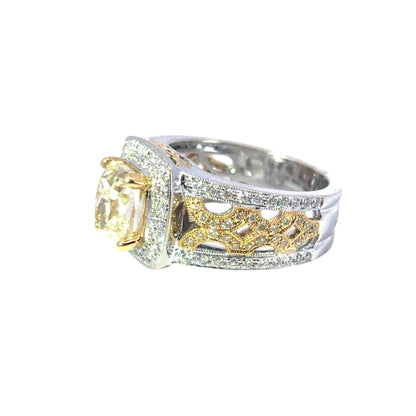 18k White and Yellow Gold 3.02ct Fancy Light Yellow Cushion Cut Diamond Engagement Ring