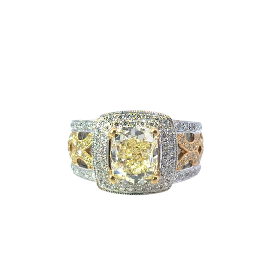 18k White and Yellow Gold 3.02ct Fancy Light Yellow Cushion Cut Diamond Fashion Ring