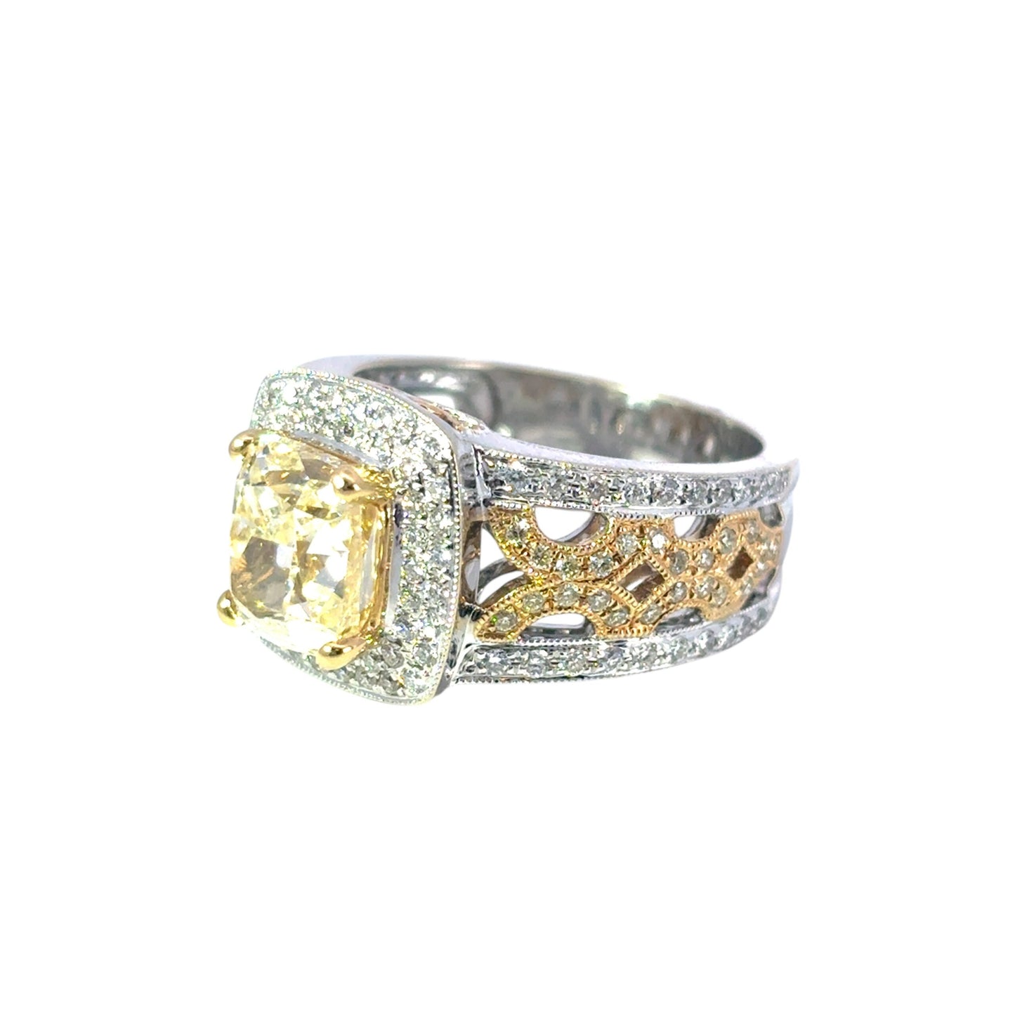 18k White and Yellow Gold 3.02ct Fancy Light Yellow Cushion Cut Diamond Engagement Ring
