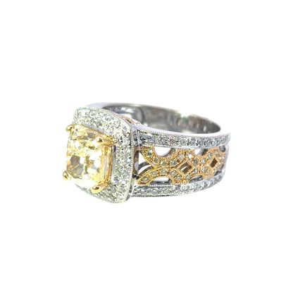 18k White and Yellow Gold 3.02ct Fancy Light Yellow Cushion Cut Diamond Engagement Ring