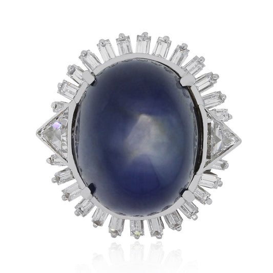 Platinum 39.08ct Star Sapphire and Diamonds Ring
