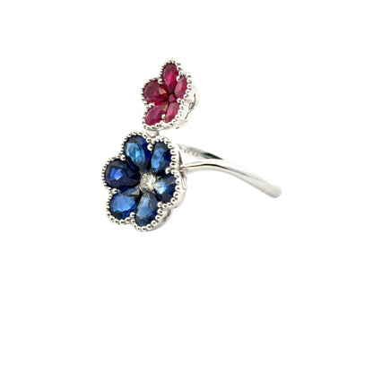 18k White Gold Multi-Stone Sapphire and Ruby Diamond Double Flower Ladies Ring