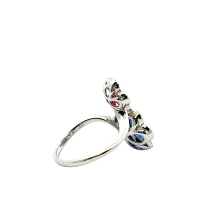 18k White Gold Multi-Stone Sapphire and Ruby Diamond Double Flower Ladies Ring