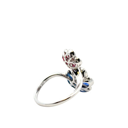 18k White Gold Multi-Stone Sapphire and Ruby Diamond Double Flower Ladies Ring