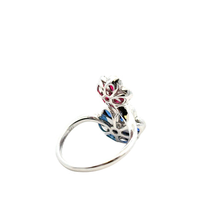 18k White Gold Multi-Stone Sapphire and Ruby Diamond Double Flower Ladies Ring