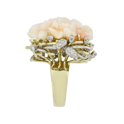 14k Yellow Gold 0.67ctw Diamond Pave Carved Coral Ring