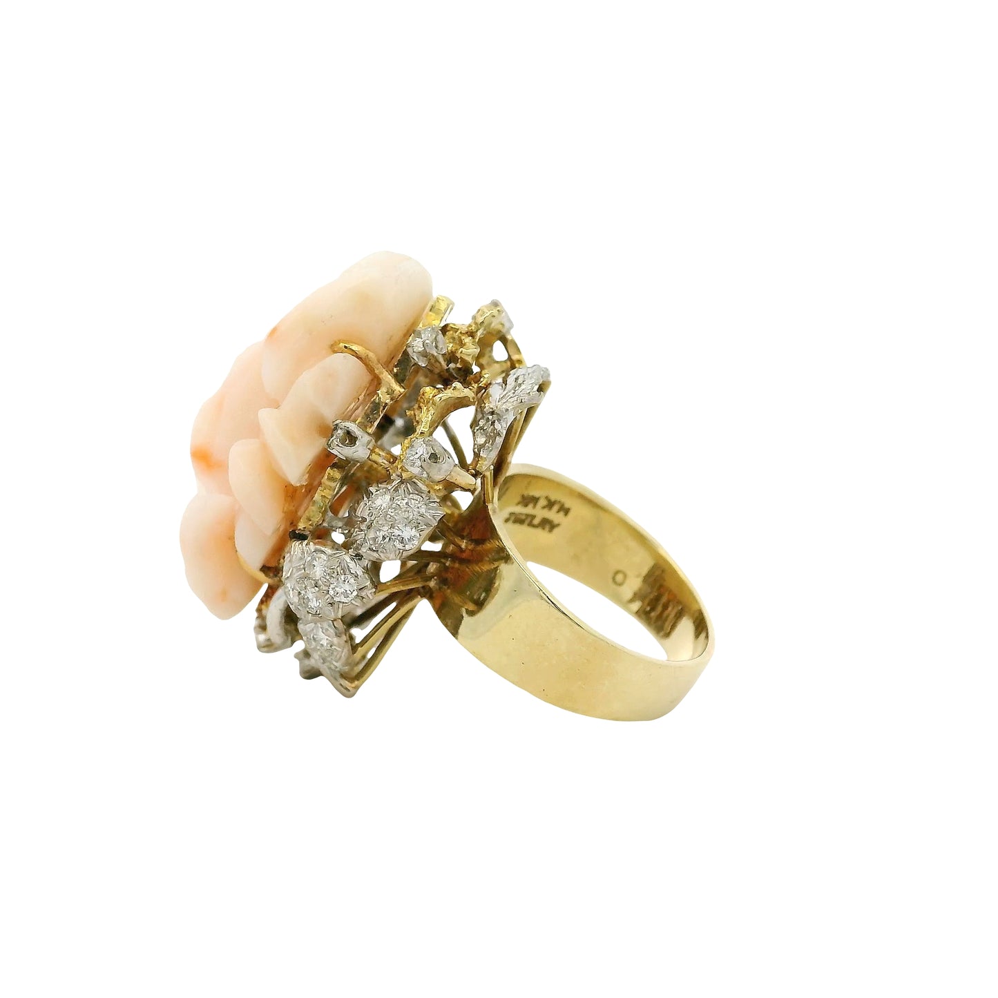14k Yellow Gold 0.67ctw Diamond Pave Carved Coral Ring