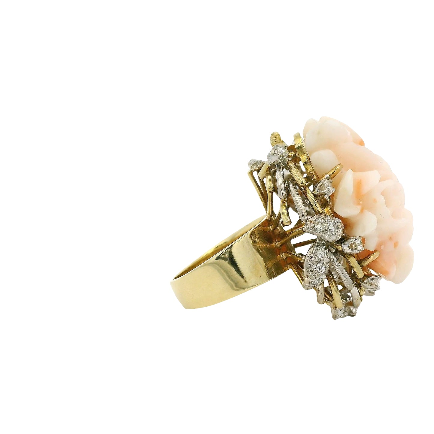 14k Yellow Gold 0.67ctw Diamond Pave Carved Coral Ring