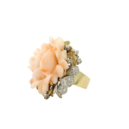 14k Yellow Gold 0.67ctw Diamond Pave Carved Coral Ring