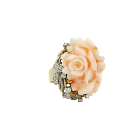 14k Yellow Gold 0.67ctw Diamond Pave Carved Coral Ring