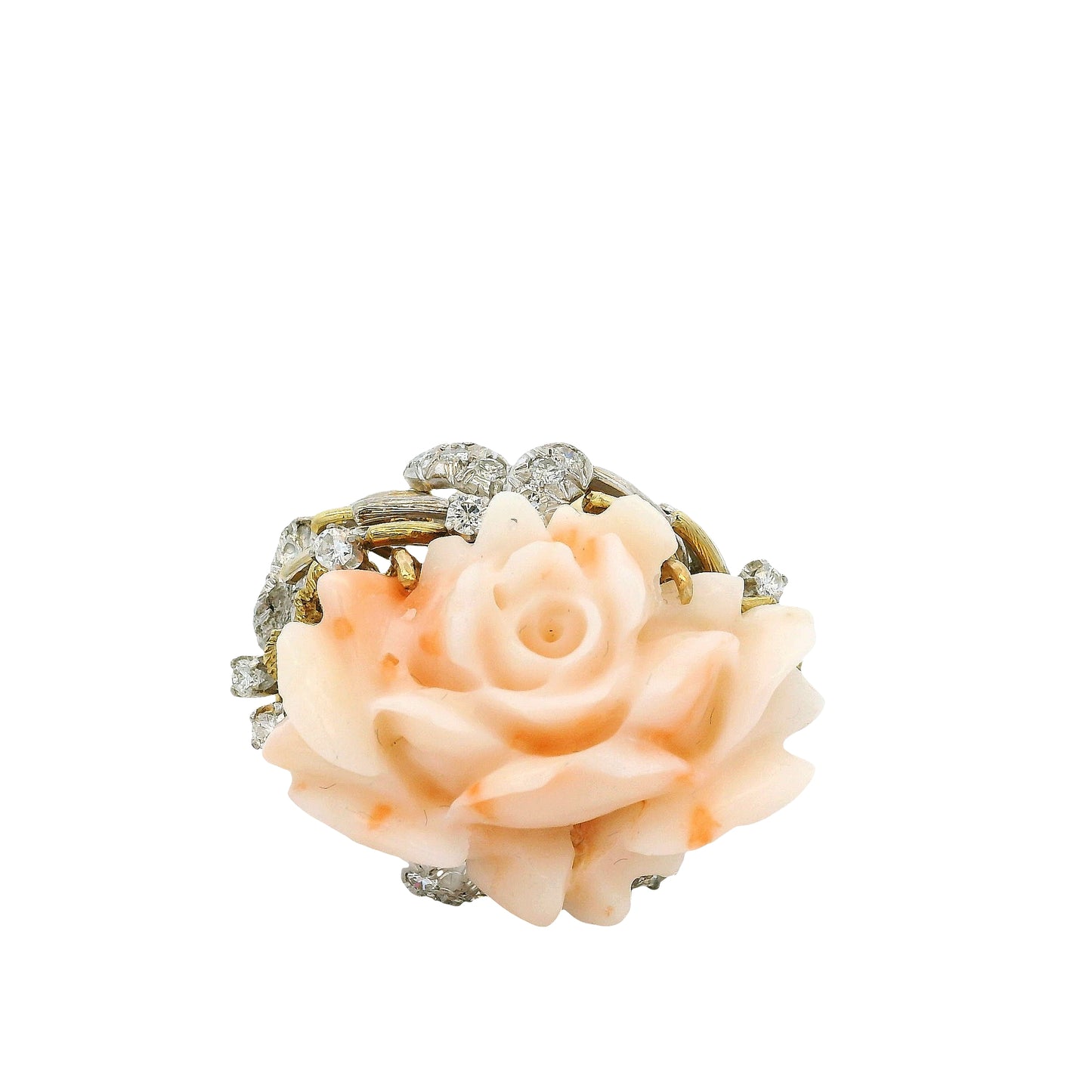 14k Yellow Gold 0.67ctw Diamond Pave Carved Coral Ring
