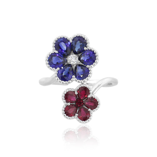 18k White Gold Multi-Stone Sapphire and Ruby Diamond Double Flower Ladies Ring
