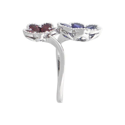 18k White Gold Multi-Stone Sapphire and Ruby Diamond Double Flower Ladies Ring