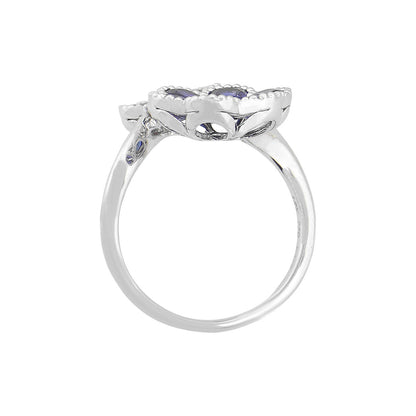 18k White Gold Multi-Stone Sapphire and Ruby Diamond Double Flower Ladies Ring