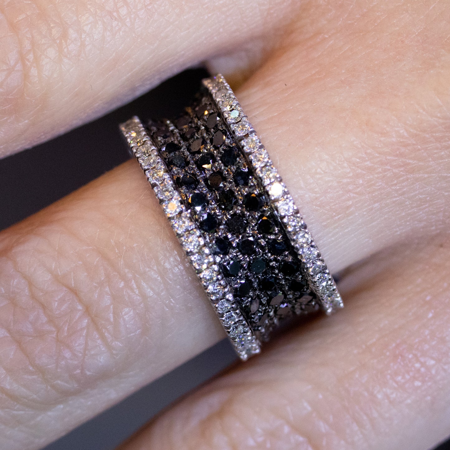 14k White Gold Black and White Diamond Wide Wedding Band Ring