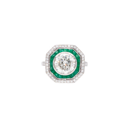 Platinum 3.66ct Natural Round Brilliant Diamond and Emerald Ring