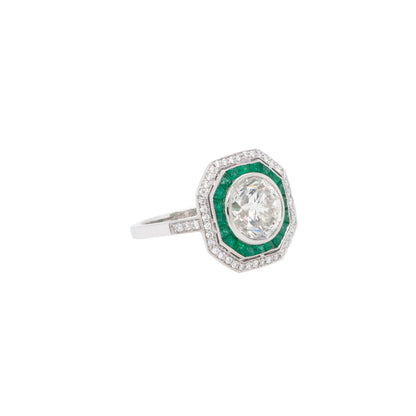 Platinum 3.66ct Natural Round Brilliant Diamond and Emerald Ring