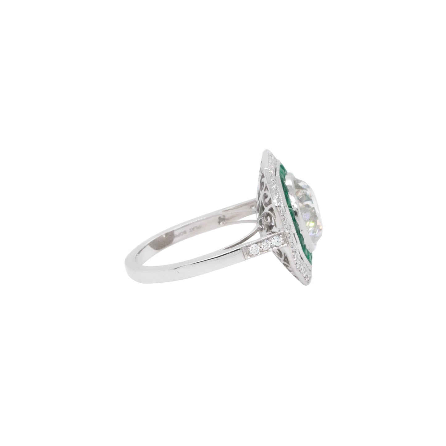 Platinum 3.66ct Natural Round Brilliant Diamond and Emerald Ring