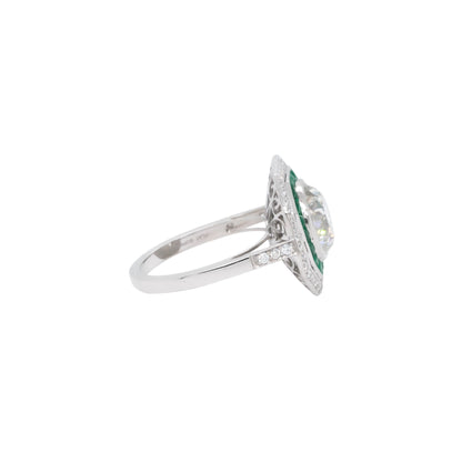 Platinum 3.66ct Natural Round Brilliant Diamond and Emerald Ring