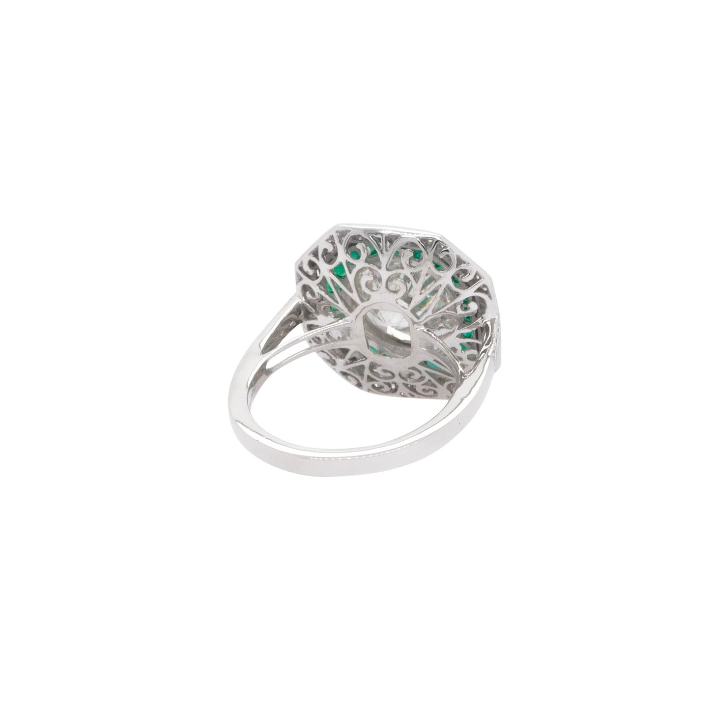 Platinum 3.66ct Natural Round Brilliant Diamond and Emerald Ring