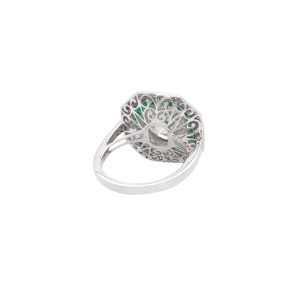 Platinum 3.66ct Natural Round Brilliant Diamond and Emerald Ring