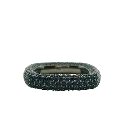 18k Black Gold 4.01ctw Natural Round Cut Blue Sapphire Pave Square Ring