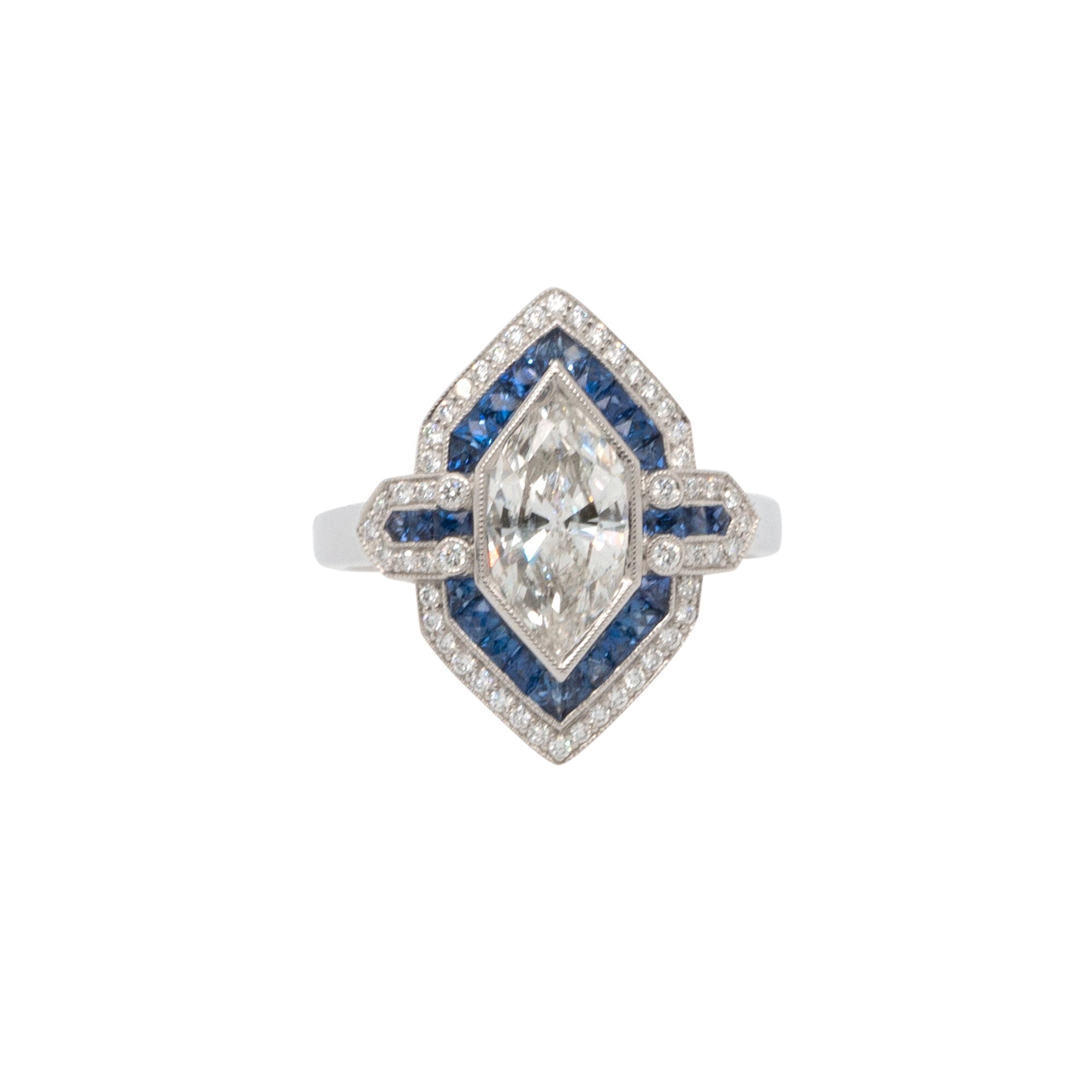 Platinum 1.32ct Marquise Cut Natural Diamond & Sapphire Shield Ring