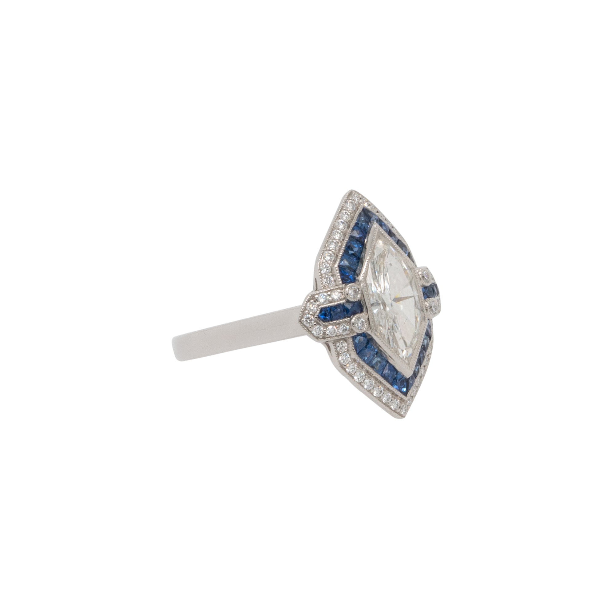Platinum 1.32ct Marquise Cut Natural Diamond & Sapphire Shield Ring