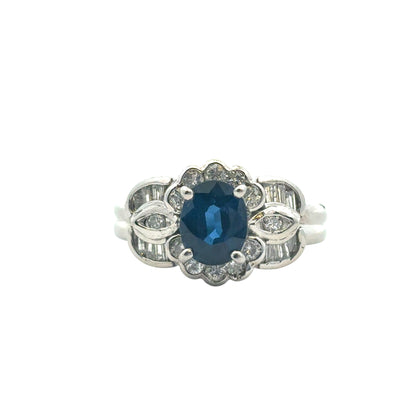 Platinum 1.25ct Oval Sapphire Center 0.47ctw Diamond Cocktail Scalloped Ring