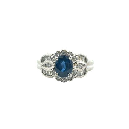 Platinum 1.25ct Oval Sapphire Center 0.47ctw Diamond Cocktail Scalloped Ring