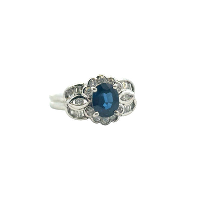 Platinum 1.25ct Oval Sapphire Center 0.47ctw Diamond Cocktail Scalloped Ring