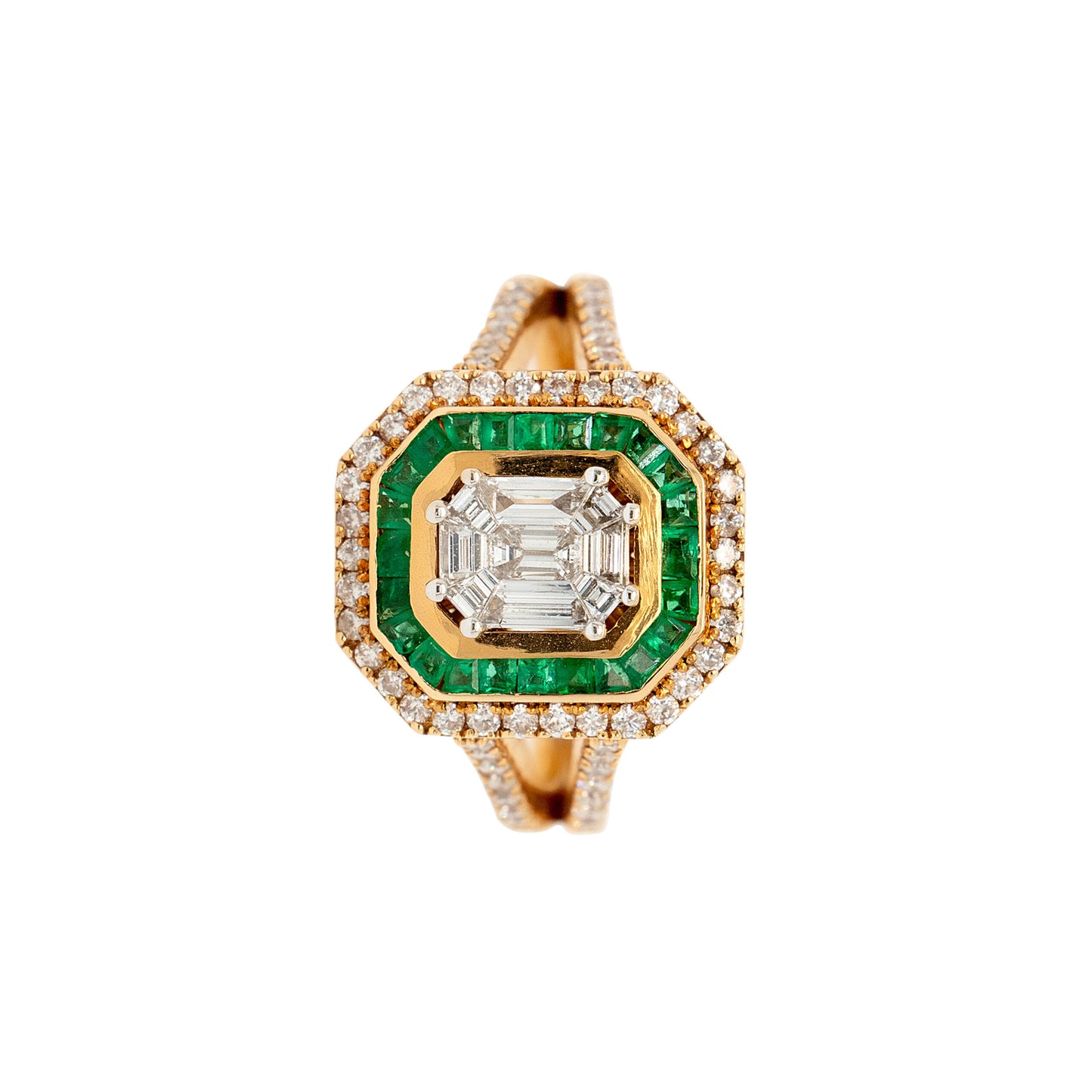 18k Yellow Gold 0.91ctw Diamond and 0.55ctw Emerald Multi Stone Octagonal Shape Ring