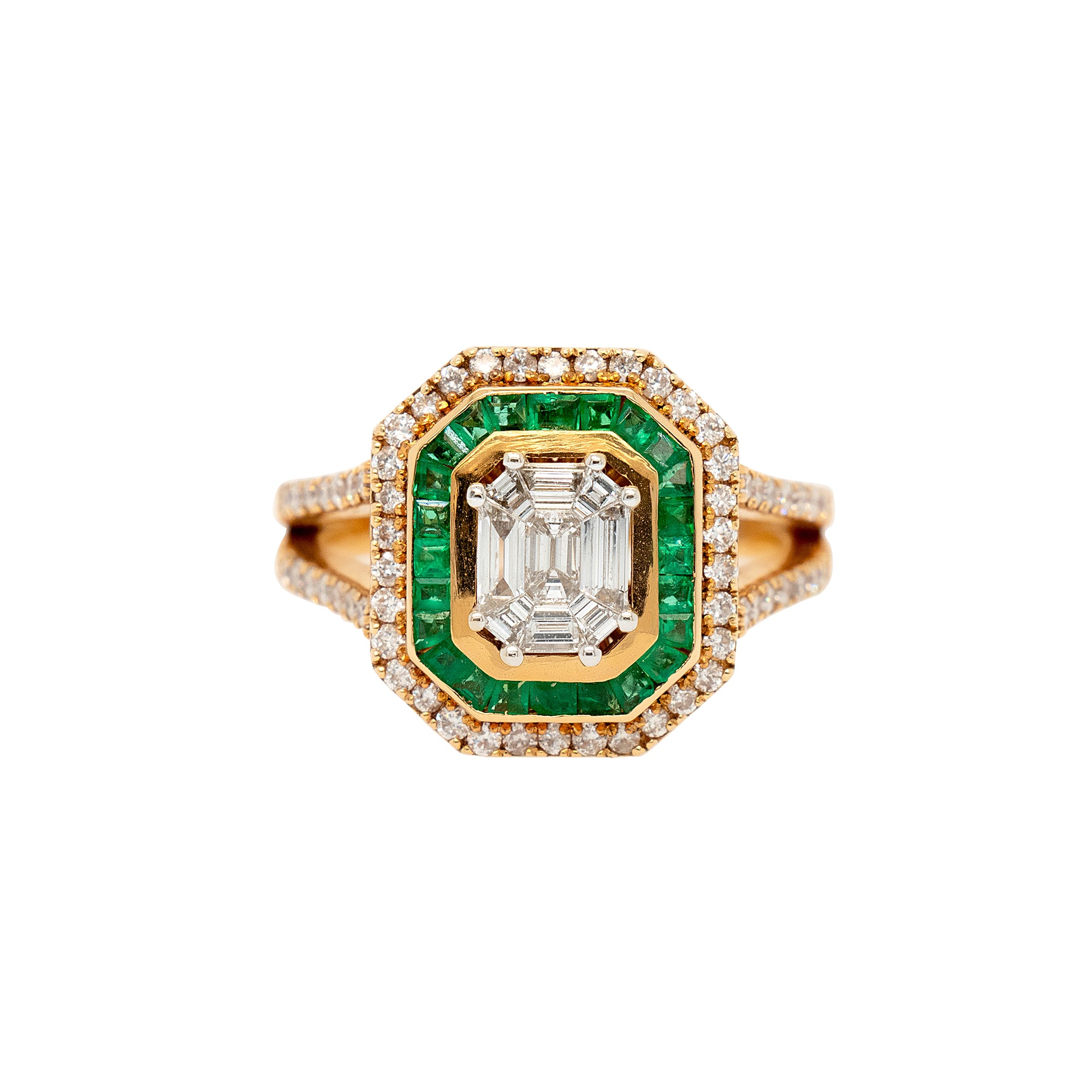 18k Yellow Gold 0.91ctw Diamond and 0.55ctw Emerald Multi Stone Octagonal Shape Ring
