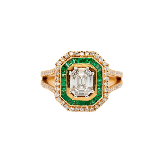 18k Yellow Gold 0.91ctw Diamond and 0.55ctw Emerald Multi Stone Octagonal Shape Ring