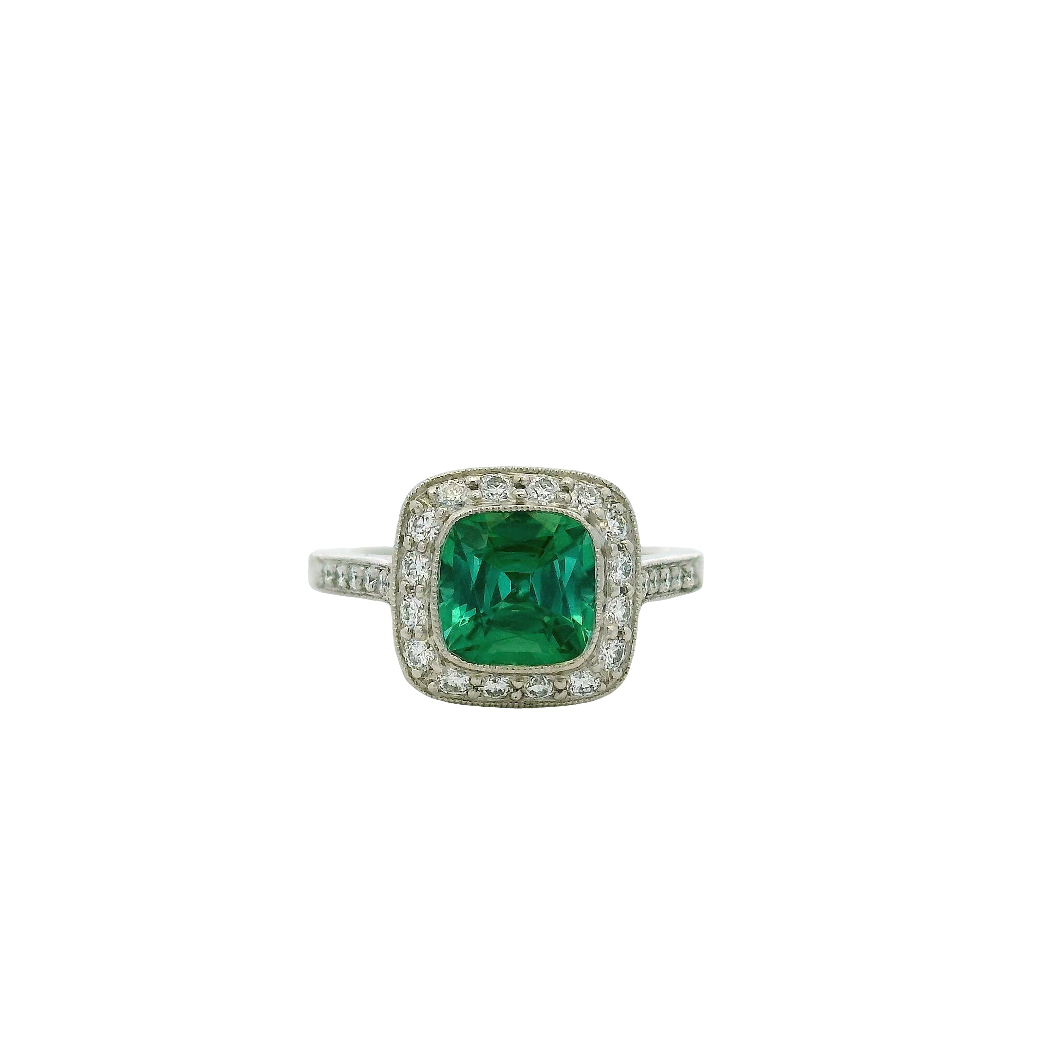 Tiffany & Co. Platinum Cushion Cut Tourmaline Green Center Gemstone with 0.38ctw Diamond Halo Ring